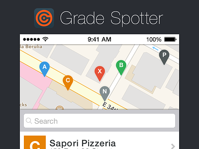 Grade Spotter iOS 7 gradespotter ios7 iphone list map mapview markers nyc tableview