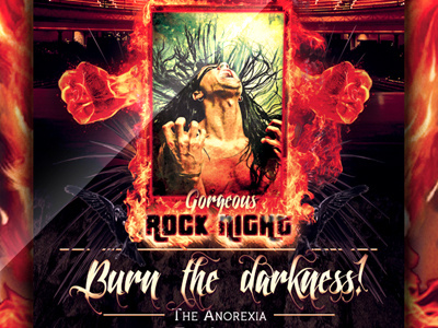 Gorgeous Rock Night Concert Flyer -PSD- burn burning cover crow dark darkness dirty event flame gorgeous gothic halloween hard rock concert hard rock poster heavy metal hell horror night party flyer psd raven rock rock concert rock night rock party skull template underground