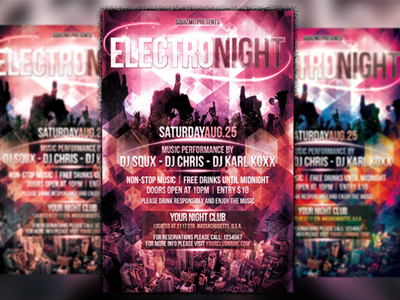 Electro Night Flyer ambient birthday chillout club concert dance disco electro electronic energy evening event festival flyer futuristic glamour house lightning effects lounge minimal modern music nightclub party pop poster stylish techno template
