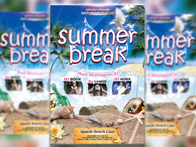 Summer Break Party Flyer beach break chest club coconut disco event exotic flower fruit holiday house jungle music night nightclub note palm paradise party flyer poster salsa sand sexy sky spring summer sun tropical water