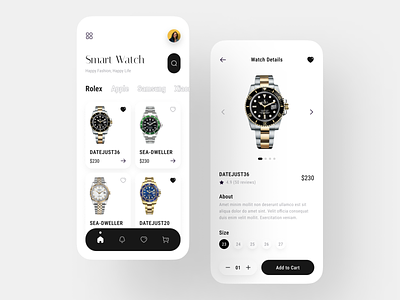 Smart Watch Mobile App Design app app design apple watch clean clock app ecommerce app fashion app minimal mobile app product design shop app smart watch ui ui design ui designer ui ux ux visual design watch watch app