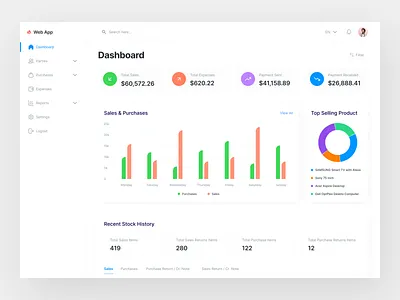 Billing & Inventory Management Dashboard Design - Admin admin panel crm software dashboard data analysis tools ecommerce financial software funnel dashboard inventory inventory management software management online shopping sales sales management sales mapping software small business crm software software admin ui ux web app web ui design