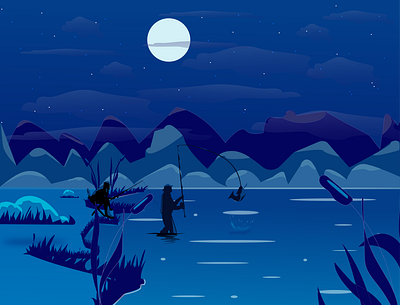 The Fisherman design fisherman flat illustration illustrator lake minimal moon mountain night stars vector