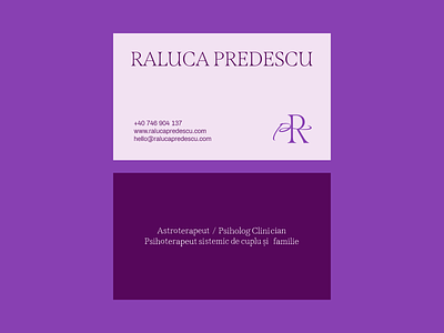 Raluca Predescu Business Card Psychologist & Astrologer astrologer branding business card logo logo design monogram p r logo personal brand purple