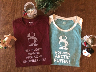 Snowberries arctic puffin christmas elf hers his holiday illustration screenprinting t-shirts