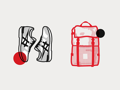 Halftone Sneakers and Pack aasics backpack bag halftone illustration onitsuka retro shoe shoes sneaker sneakers tiger topo