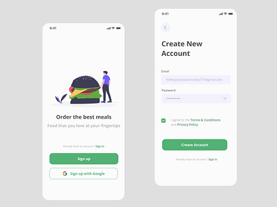 Onboarding and Sign-up pages for a Food App design