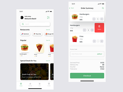 Home and Checkout pages for a Food-App design