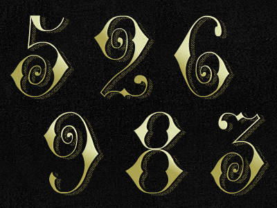 Fancy Numbers 2 3 5 6 8 9 custom fancy french glyphs gold numbers numerals typography