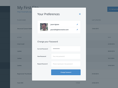 User Preferences email fields form modal password popup preferences user username window