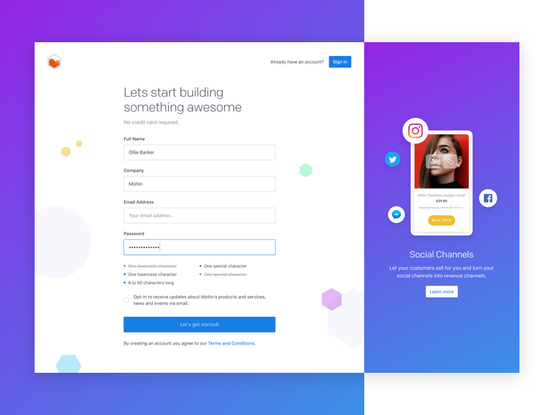 Login and Sign Up by Ollie Barker for moltin on Dribbble