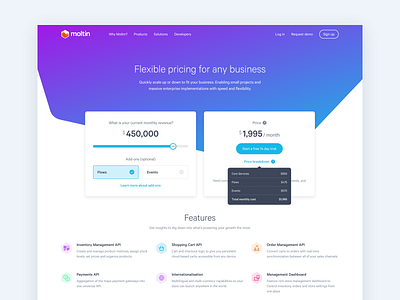 Moltin Pricing Page Concept api billing calculator commerce dashboard ecommerce headless moltin payments pricing subscription