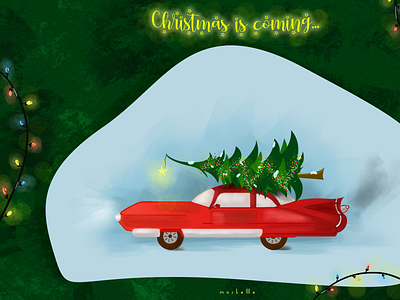 Christmas on it's way cadilac car card christmas design gifts graphic design greetingcard illustration lights new year red tree