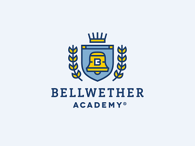 Bellwether Academy logo academic academy bell blue branding classic crest elegant linework logo preschool school shield traditional university yellow