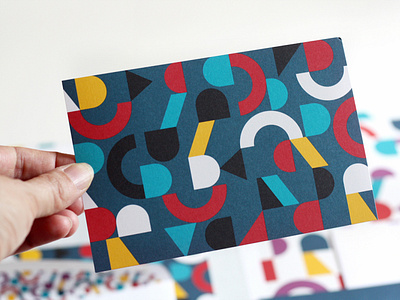 Geometric pattern arcs brand identity branding bright c cheerful colorful creative d fun geometric geometry happy pattern postcard primary colors print surface design triangles uncoated paper