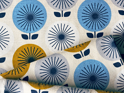 Retro fabric print 60s 70s blue design fabric flower gold mcm mid century mod modern modernist pattern print retro scandinavian sun surface design vintage wallpaper