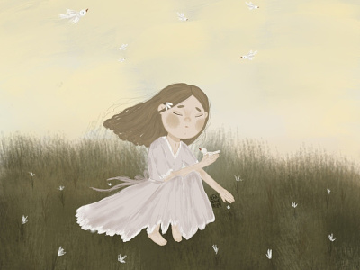 На поляне с птицами illustration typography арт девочка детская детскаяиллюстрация книжная иллюстрация рисунок