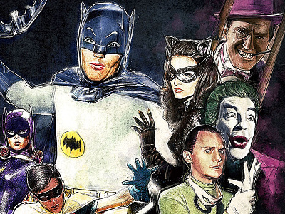'Same Bat-Time, Same Bat-Channel!' 1966 adam west retro bat girl batman catwoman flashback illustration joker penguin reruns riddler robin