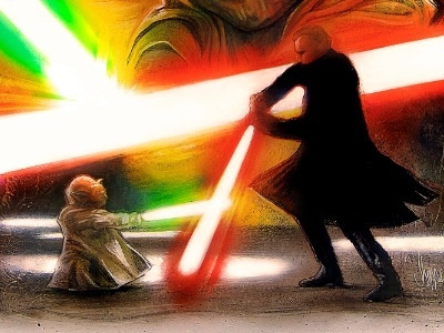 Yoda and Dooku Duel clones dooku duel fight film illustration lightsaber lucasfilm movie poster star wars yoda