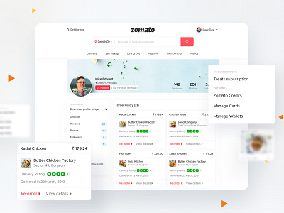 Concept Design for Zomato Order History achievement dashboard dashboard design dashboard ui dribbble best shot illustration profile profile card profile page user profile ux design zomato zomato profile