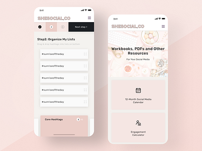 eLearning Platform Mobile cards drag and drop hashtags list mobile organize pink responsive design responsive website steps ui ux website