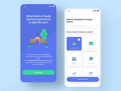 School Matching App blue cards green intro screen ios learning mobile mobile app onboarding responsive school search splash screen ui ux