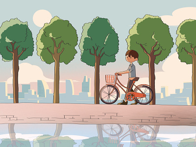 Walking on Sunday bike design illustration individual ipad procreate twilight warm