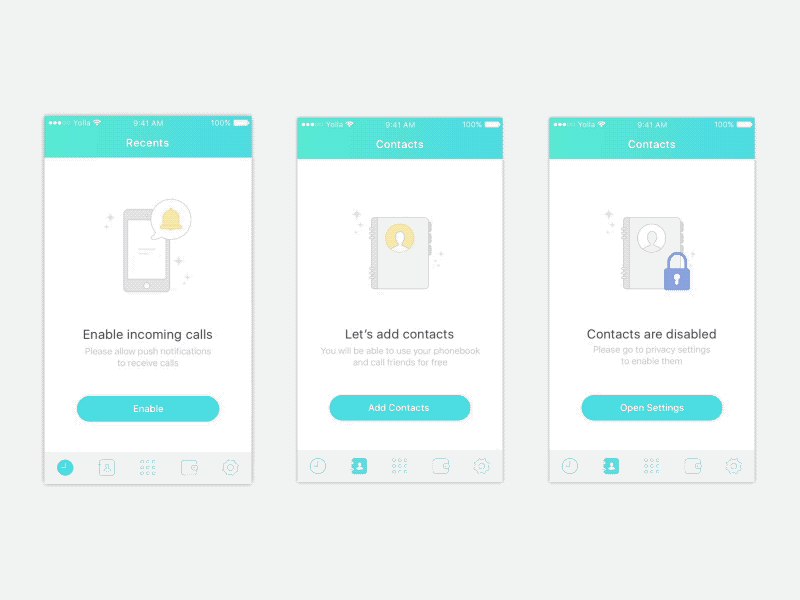 Yolla Mobile application (empty states) animation application call empty illustration interaction ios mobile ui ux