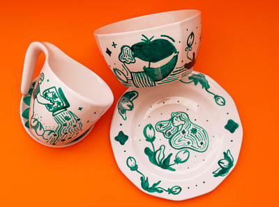 Breakfast set - Green breakfast ceramic design flowers handmade illustration kitchen mugs paint product design