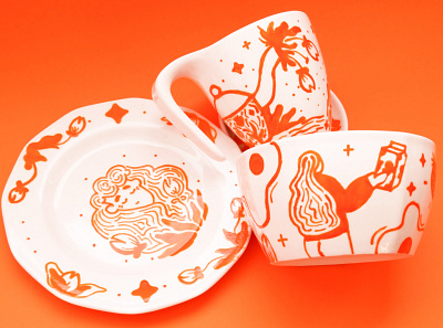 Breakfast set - Orange breakfast ceramic design flowers girl handmade illustration kitchen mugs paint product design set