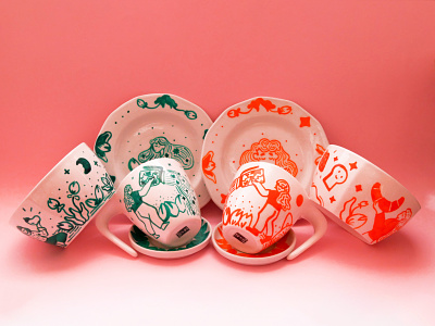 Breakfast set bowls ceramic flowers graphich design handmade illustration mugs paint product design set