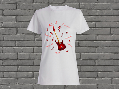 White t-shirt with rock style print and guitar cheeky electronic guitar gothic guitar hard rock metal music punk rock rock rock and roll