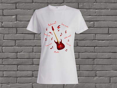 White t-shirt with rock style print and guitar