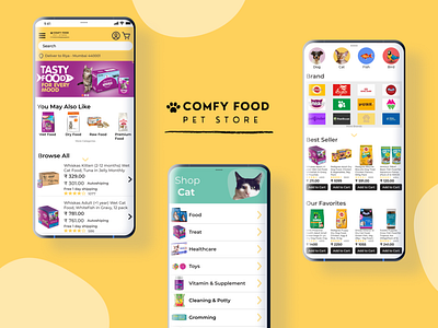 Comfy Food - A Pet Store | Case Study app branding case study cat dailyuichallenge design dog illustration logo minimal pet pet food ui