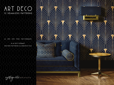 12 Seamless Art Deco Patterns - Gold & Blue