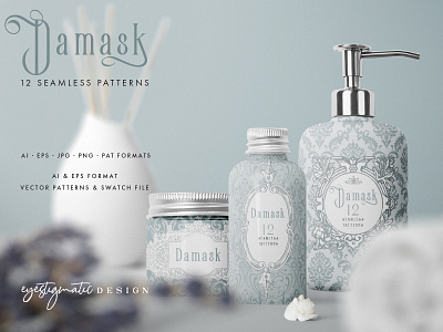 12 Seamless Damask Patterns - Light & Dark Gray Blue background