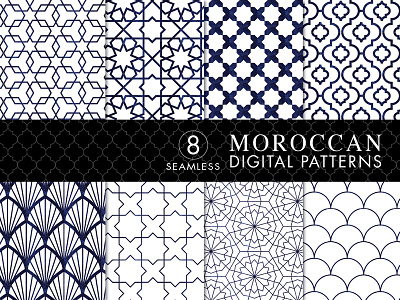 8 Seamless Moroccan Patterns - White & Blue Watercolor Set 1