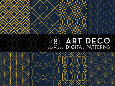 8 Seamless Art Deco Patterns - Gold & Navy Blue - Set 1 art deco design bundles designbundles.net pattern patterns vector patterns