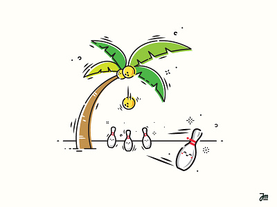Strike! ball bowling cartoon funny illustration palmtree sport tree vector