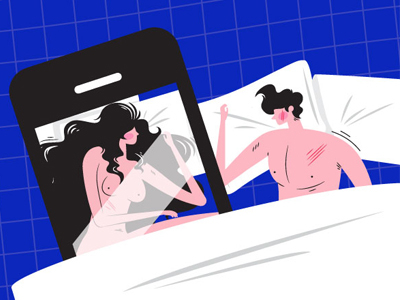 In the bed 3B / 3 bed bedroom character drawing guy illustration man naked phone vector