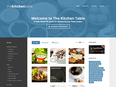 The Kitchen Table 3 column grid layout logo menu recipes tabs theme vertical website wordpress