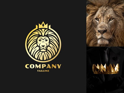 Lion King Logo animal branding circle company crown design exclusive face front gold golden head illustration king logo luxury power pride royal vector