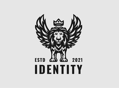 Valorous Winged Lion Logo animal bird black branding crown design exclusive front griffin gryphon illustration king lion logo silhouette stand vector view wing winged