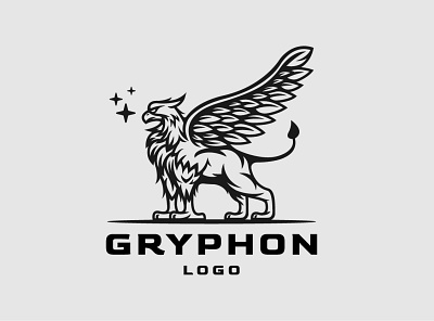 Valorous Gryphon Logo animal black branding brave design eagle exclusive griffin gryphon hawk illustration lion logo myth side silhouette stand star vector wing