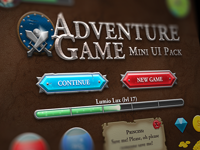 Adventure Game Mini RPG UI Pack [Free PSD] adventure button casual coins dialogue free freebie game game ui gaming gem health kit mana pack progress bar psd rpg ui user interface