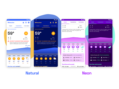 Weather app – WIP 2 android design app app design dark theme forecast light theme material material design natural colors neon neon colors product theme ui weather weather app