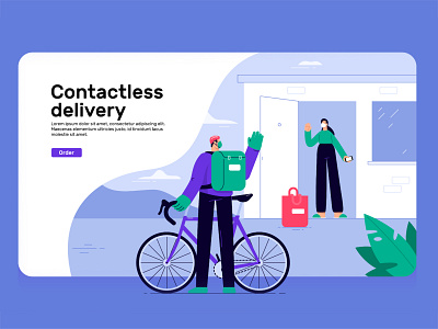 Contacless delivery bicycle blue care character contacless covid covid19 deliver delivery food illustration pandemia pandemic safe vector