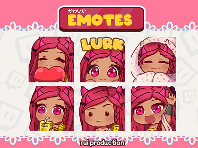 vtuber chibi emotes twitch, love, lurk, drinking, hello, comfy ruiproduction