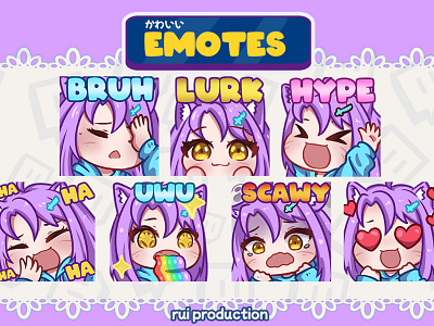 vtuber chibi emotes twitch, bruh, lurk, hype, uwu, scawy, haha ruiproduction