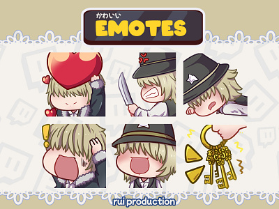 vtuber chibi emotes twitch, love, knife, key, shock ruiproduction